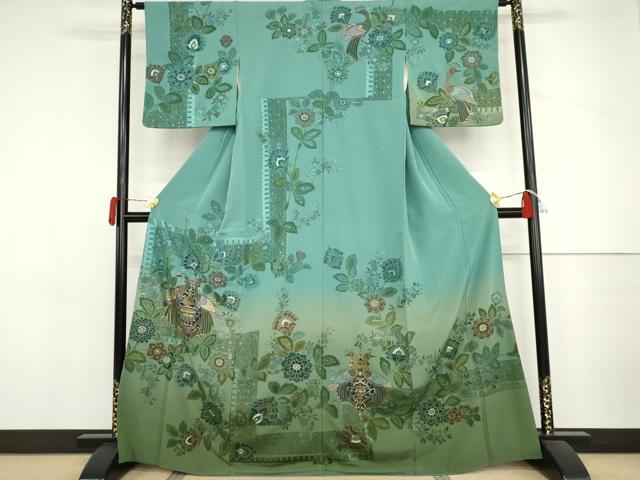 平和屋着物●中国三大刺繍 汕頭刺繍 スワトウ刺繍 相良刺繍 総刺繍 訪問着 孔雀更紗花文 暈し染め 金糸 正絹 逸品 AABJ3692cs