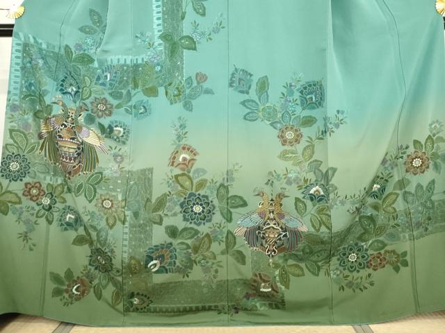 平和屋着物●中国三大刺繍 汕頭刺繍 スワトウ刺繍 相良刺繍 総刺繍 訪問着 孔雀更紗花文 暈し染め 金糸 正絹 逸品 AABJ3692cs