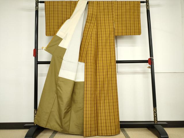 平和屋着物●本場黄八丈 平織 紬 格子 正絹 逸品 AABJ3694cs