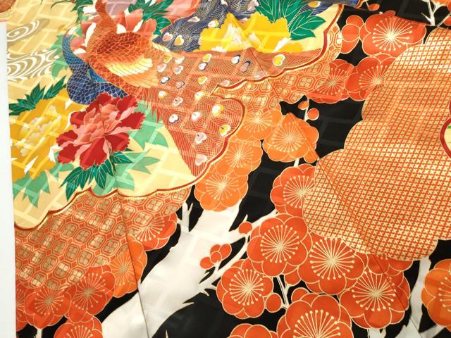 平和屋着物●豪華振袖 駒刺繍 孔雀梅松文 黒地 金糸 金彩 正絹 逸品 AABJ3718cs