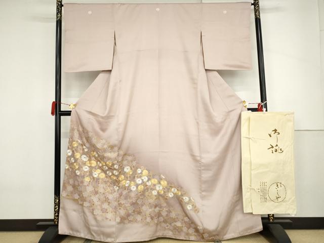 平和屋着物●銀座きしや 色留袖 駒刺繍 枝花文 金糸 金彩 たとう紙付き 正絹 逸品 AABJ3724cs