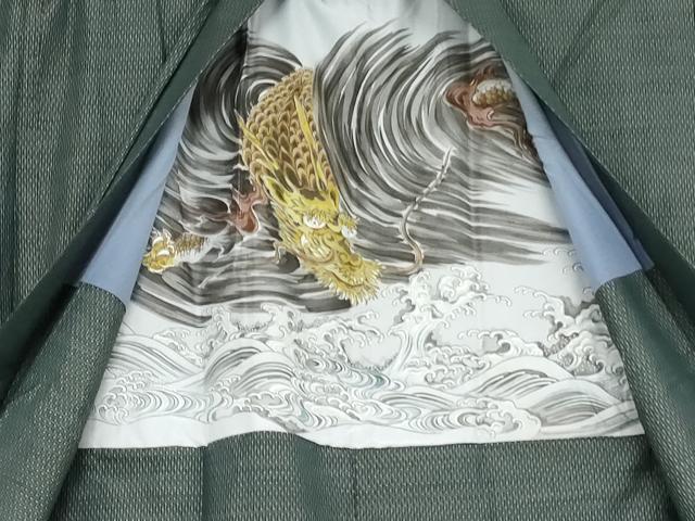 平和屋着物●男性 本場大島紬 アンサンブル 亀甲絣 富山矩靖作 羽裏:龍 キングサイズ 正絹 逸品 AABJ3727cs