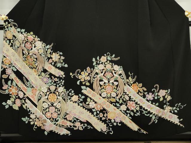 平和屋着物●豪華黒留袖 刺繍 鳳凰更紗花文 金糸 金彩 正絹 逸品 AABJ3729cs