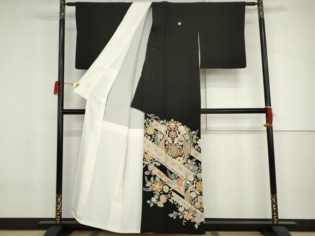 平和屋着物●豪華黒留袖 刺繍 鳳凰更紗花文 金糸 金彩 正絹 逸品 AABJ3729cs