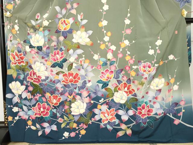 平和屋着物●豪華振袖 友禅 作家物 枝花文 暈し染め ロング丈 正絹 逸品 AABJ3751cs