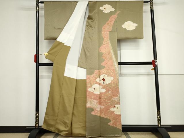 平和屋着物●訪問着 絞り 刺繍 雲取り枝花文 金糸 金彩 正絹 逸品 AABJ3754cs