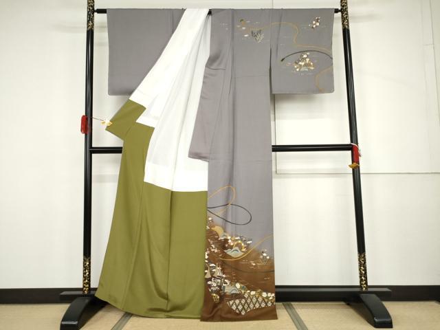 平和屋着物●世界的友禅作家 千地泰弘 訪問着 松竹梅風景文 暈し染め 金彩 正絹 逸品 AABJ3777cs