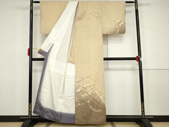 平和屋着物●訪問着 紬地 刺繍 枝花文 正絹 逸品 AABJ3795cs