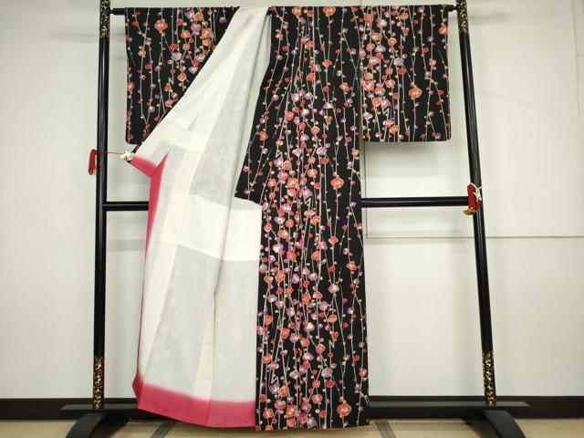 平和屋着物●上質な小紋 枝梅文 黒地 金彩 正絹 逸品 AABJ3820cs