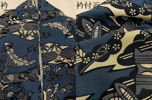 平和屋着物●上質な小紋 藍 型染め 花蝶文 正絹 逸品 AABJ3841ph