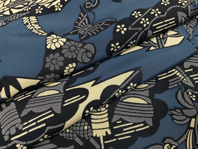 平和屋着物●上質な小紋 藍 型染め 花蝶文 正絹 逸品 AABJ3841ph
