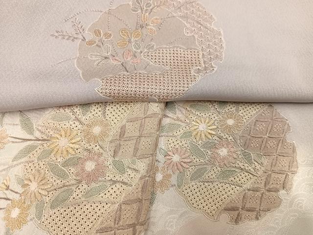 平和屋着物●訪問着 中国三大刺繍 汕頭刺繍 スワトウ刺繍 雪輪草花文 暈し染め 銀糸 正絹 逸品 AABJ3847ph