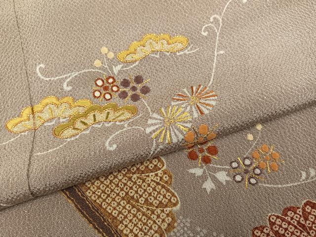 平和屋着物●訪問着 駒刺繍 草花文 金糸 鬼しぼ縮緬 正絹 逸品 AABJ3855ph