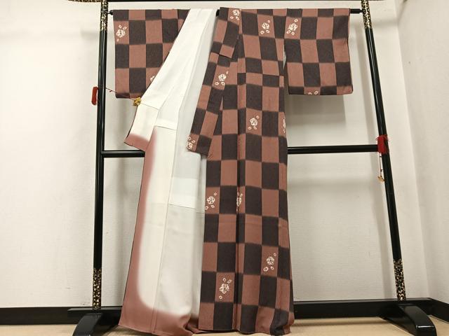 平和屋着物●上質な小紋 絞り 市松花文 正絹 逸品 AABJ3860ph