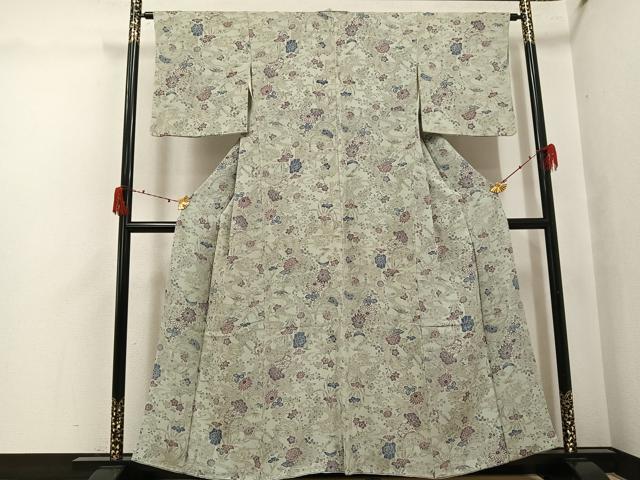 平和屋着物●上質な小紋 型染め 草花文 鬼しぼ縮緬 正絹 逸品 AABJ3865ph