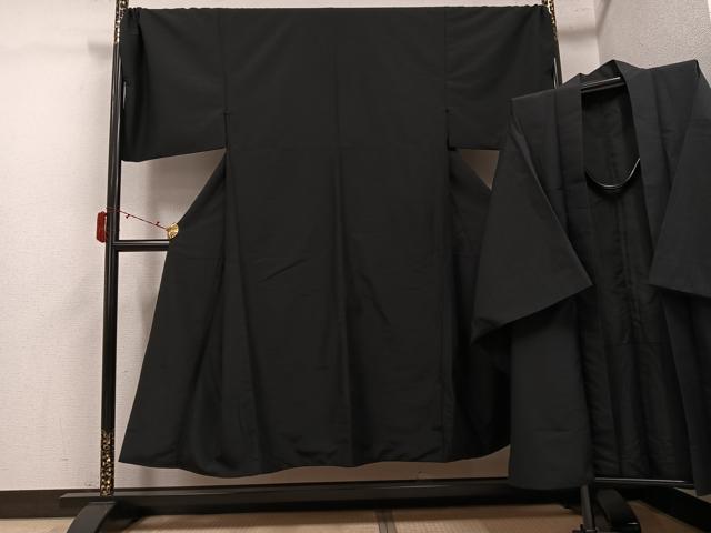 平和屋着物●男性 色無地 アンサンブル 黒色 洗える着物 AABJ3866ph