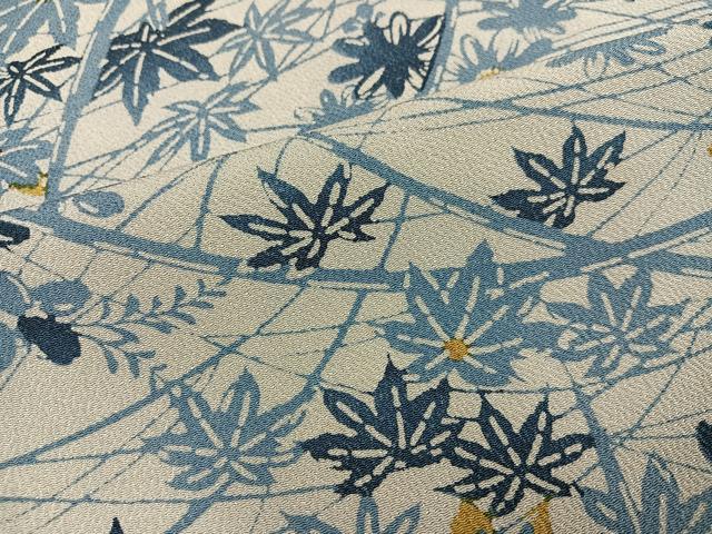 平和屋着物●上質な小紋 藍 型染め 草花文 鬼しぼ縮緬 正絹 逸品 AABJ3905ph