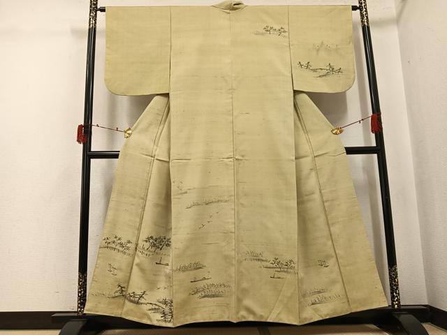 平和屋着物●訪問着 紬地 手描き 遠山風景樹林文 正絹 逸品 AABJ3913ph