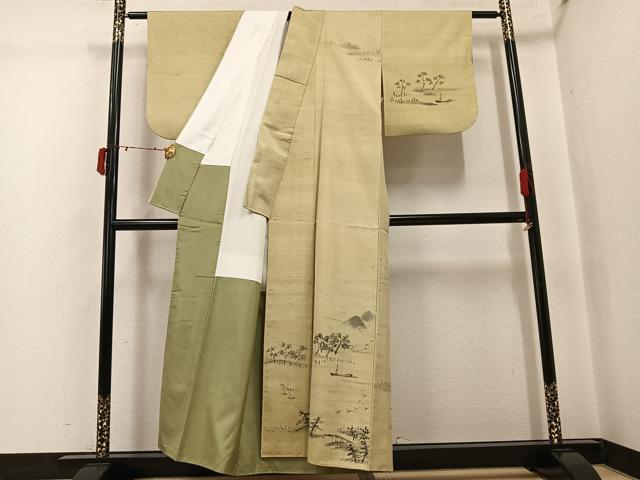 平和屋着物●訪問着 紬地 手描き 遠山風景樹林文 正絹 逸品 AABJ3913ph