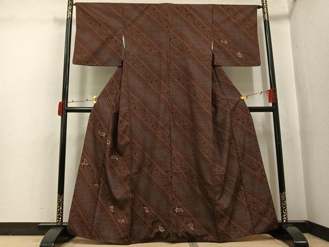 平和屋着物●訪問着 結城紬 刺繍 斜縞 正絹 逸品 AABJ3934ph