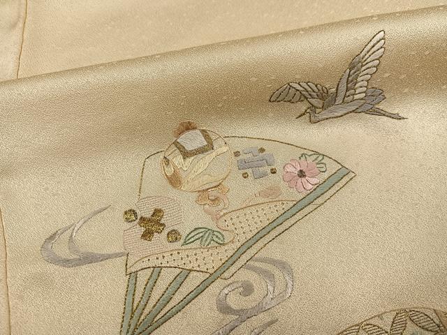 平和屋着物●訪問着 中国三大刺繍 スワトウ刺繍 汕頭刺繍 総刺繍 飛鶴扇面花宝尽くし 正絹 逸品 AABJ3948ph