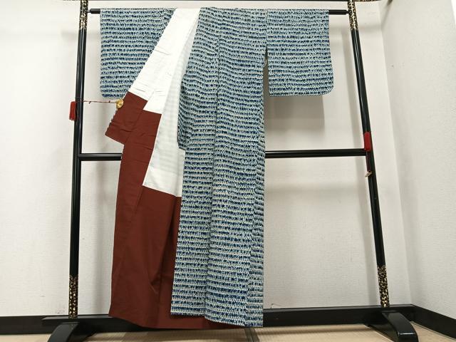平和屋着物●上質な紬 絞り 藍 横段文 正絹 逸品 AABJ3958ph