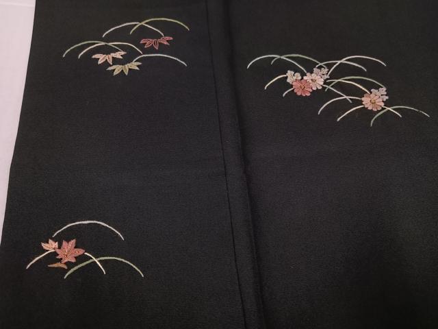 平和屋着物●訪問着 総刺繍 草花文 黒地 金糸 正絹 逸品 AABJ3967ph