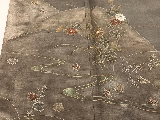 平和屋着物●訪問着 作家物 紬地 草花文 金彩 銀座おゝぎ屋扱い 正絹 逸品 AABJ3969ph