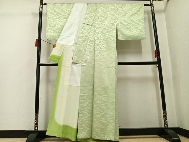 平和屋着物●上質な色無地 雲重ね地紋 若菜色 正絹 逸品 AABJ3995ph