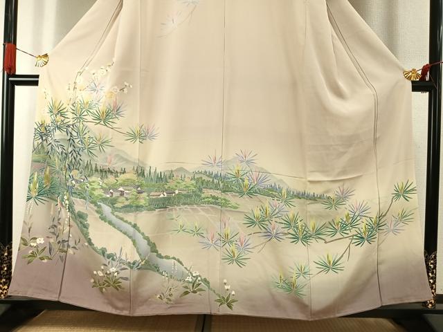 平和屋着物●十日町友禅作家 岡村蒼風 訪問着 風景花文 暈し染め 正絹 逸品 AABJ4008fy