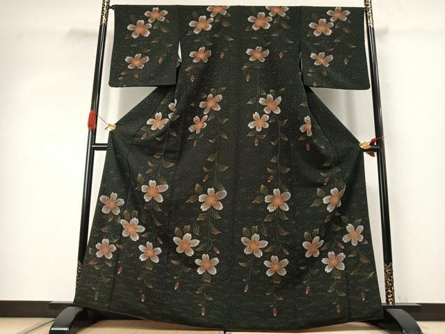 平和屋着物●撫松庵 小紋 草花文 黒地 洗える着物 AABJ4014fy