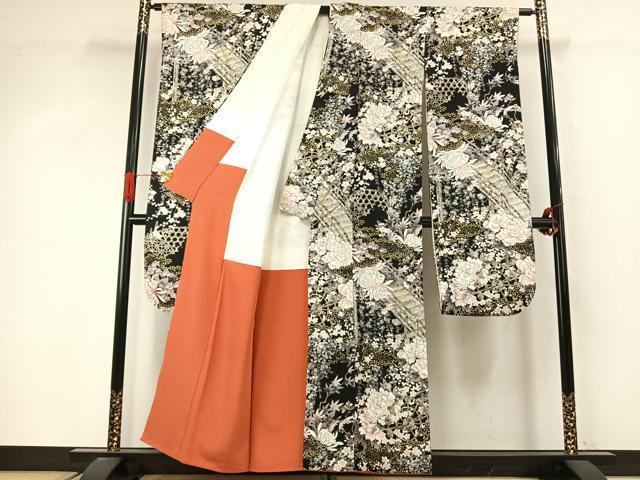 平和屋着物●豪華振袖 草花文 黒地 金彩 正絹 逸品 AABJ4021fy