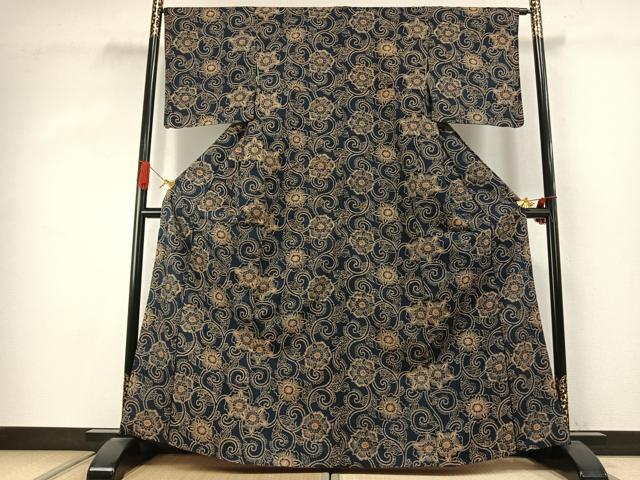 平和屋着物●上質な小紋 紬地 型染め 花唐草文 正絹 逸品 AABJ4024fy