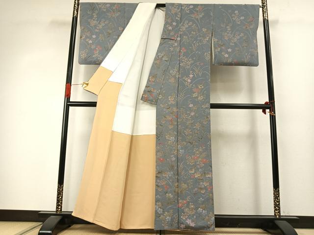平和屋着物●訪問着 草花文 鬼しぼ縮緬 正絹 逸品 AABJ4030fy