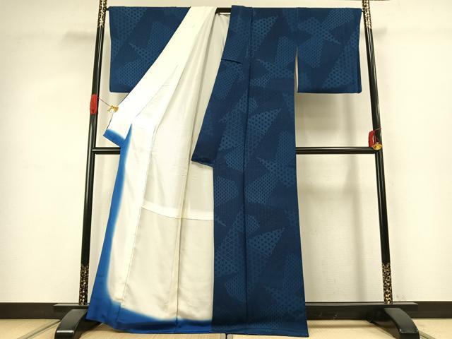 平和屋着物●阿波藍染 阿波友禅 徳島県無形文化財保持者 香川卓美 小紋 切嵌麻の葉文様 鬼しぼ縮緬 正絹 逸品 AABJ4042fy