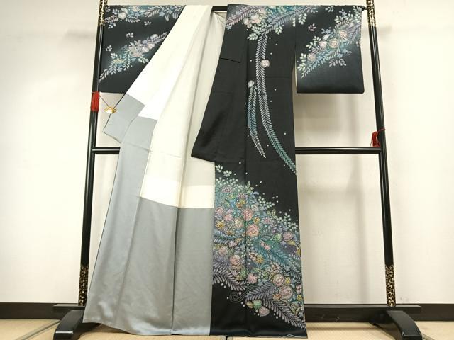 平和屋着物●訪問着 辻が花 暈し染め 黒地 金彩 正絹 逸品 AABJ4044fy