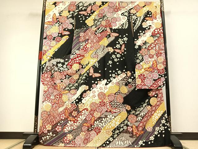平和屋着物●豪華振袖 駒刺繍 絞り 花蝶文 黒地 金彩 銀通し地 正絹 逸品 AABJ4054fy