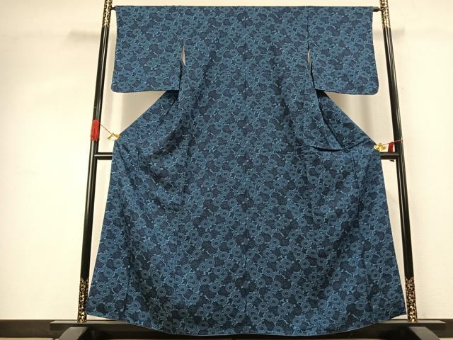 平和屋着物●上質な小紋 藍 型染め 草花文 正絹 逸品 未使用 AABJ4061fy