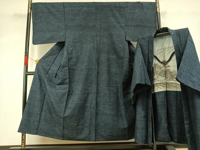 平和屋着物●男性 結城紬 アンサンブル 杢 霞文 正絹 逸品 AABJ4065fy
