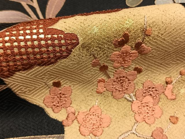 平和屋着物●訪問着 刺繍 草花文 黒地 金彩 正絹 逸品 未使用 AABJ4077fy