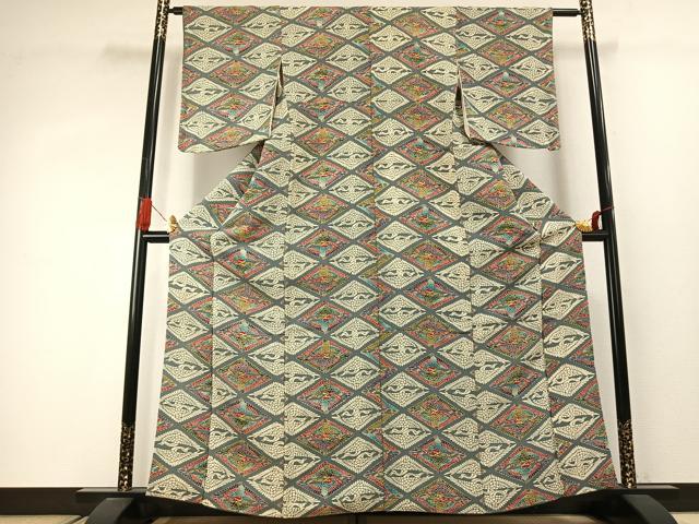 平和屋着物●上質な小紋 型染め 双鶴菱 鬼しぼ縮緬 正絹 逸品 AABJ4080fy