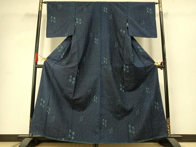 平和屋着物●上質な紬 藍 幾何学文様 正絹 逸品 AABJ4104fy
