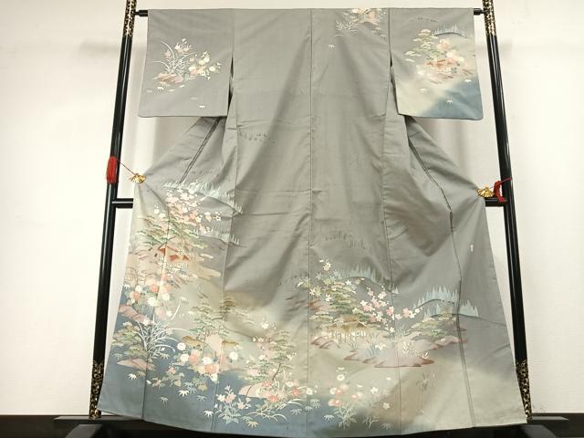 平和屋着物●訪問着 紬地 作家物 松竹梅 風景文 暈し染め 正絹 逸品 AABJ4110fy