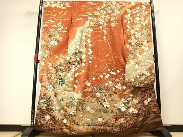 平和屋着物●豪華振袖 駒刺繍 花鳥文 暈し染め 金彩 正絹 逸品 AABJ4130fy