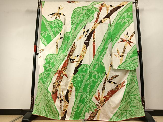平和屋着物●豪華振袖 駒刺繍 絞り 笹竹花文 金糸 金彩 正絹 逸品 AABJ4134fy