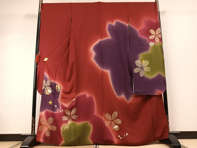 平和屋着物●豪華振袖 駒刺繍 毬 舞桜文 暈し染め 金糸 金彩 正絹 逸品 AABJ4161fy
