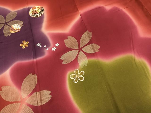 平和屋着物●豪華振袖 駒刺繍 毬 舞桜文 暈し染め 金糸 金彩 正絹 逸品 AABJ4161fy
