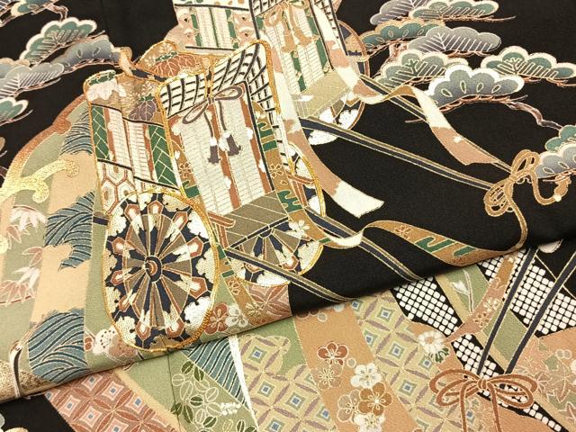 平和屋着物●豪華黒留袖 駒刺繍 御所車花鳥松文 金彩 正絹 逸品 AABJ4165fy