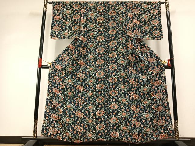 平和屋着物●上質な小紋 藍 型染め 花唐草文 鬼しぼ縮緬 正絹 逸品 未使用 AABJ4168fy