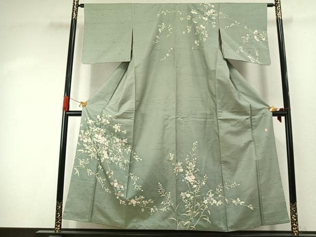 平和屋着物●訪問着 紬地 友禅 作家物 草花文 正絹 逸品 AABJ4208fy
